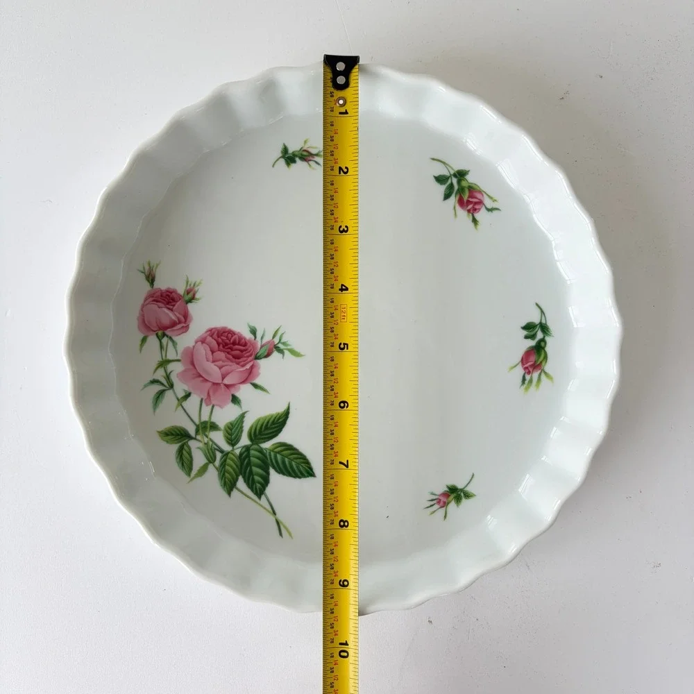 Christineholm Rose Porcelain Quiche Tart Dish White Pink Floral Fluted 9.5 inch